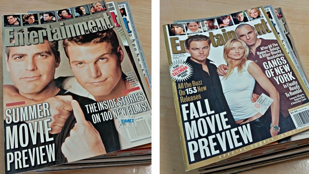 當年時有購買雜誌《Entertainment Weekly》跟進外娛影訊。 左：1997年5月的「夏季電影前瞻」專號，封面《蝙蝠俠與羅賓》（Batman & Robin）； 右：2002年8月的「秋季電影前瞻」專號，封面《紐約風雲》（Gangs of New York）