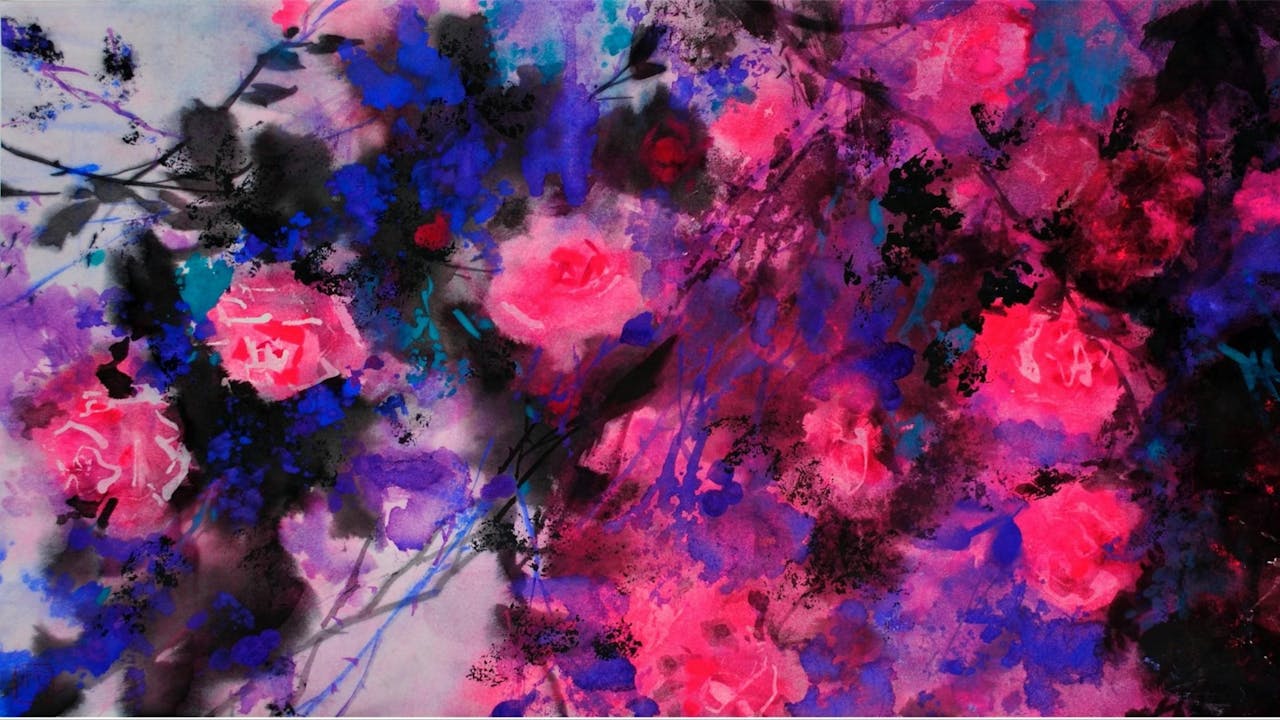 作者2009年紙本水墨設色《薔薇花開》，H48cm ｘ W94cm