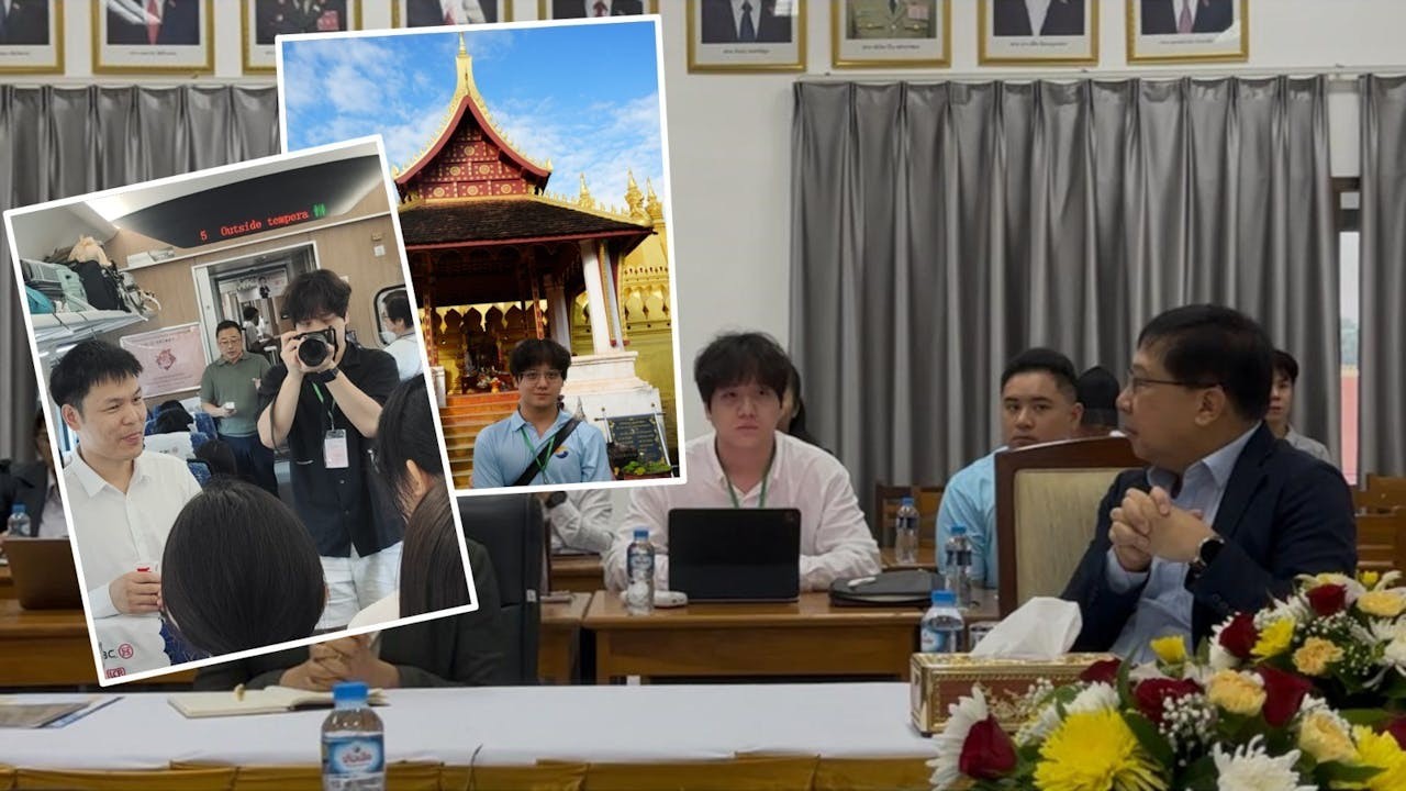 本文作者在老撾教育部負責記錄會議內容。兩小圖分別為萬象的塔鑾，以及在中老鐵路上的協助拍照。