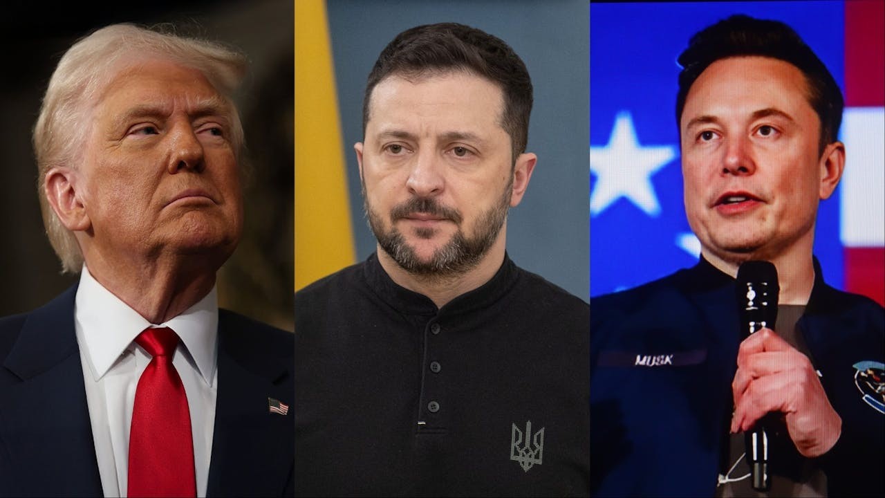 蓋洛普公布調查14位新聞人物的美國人支持度和淨支持率，包括（左起）特朗普、澤連斯基、馬斯克。（Shutterstock）