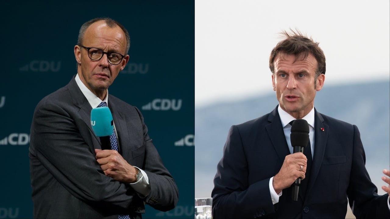 德國總理默茨（左）支持率32%，法國總統馬克龍（右）的不支持率高達71%。（Shutterstock）
