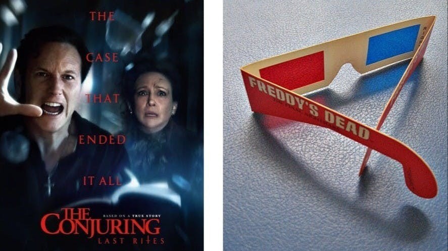 左圖：《詭屋驚凶實錄4：最後的儀式》（The Conjuring: Last Rites）續以通靈夫婦的驅魔實案為賣點。右圖：1991年觀看《猛鬼街大結局》（Freddy's Dead: The Final Nightmare）時獲贈此「紅藍」眼鏡，於末段按片上提示，佩戴起來欣賞立體效果。