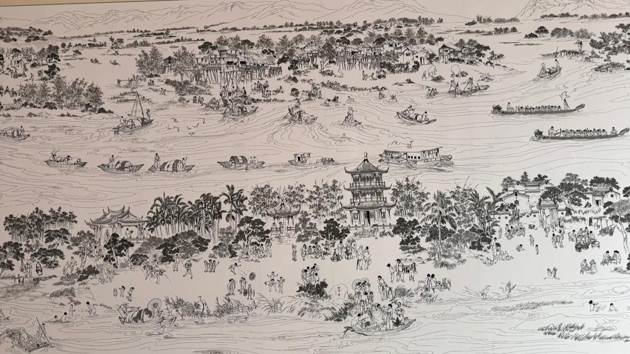 作品氣勢恢宏的構圖、多姿多彩的場面和栩栩如生的各色人物，仿若是一幅現代潮汕版「清明上河圖」。（《僑鄉潮韻：潮州民俗風情百米長卷圖》局部）