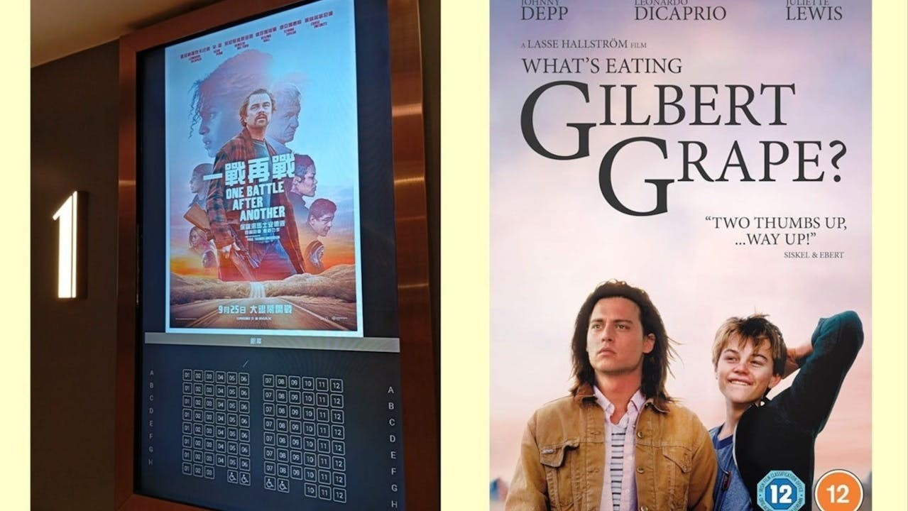 左圖:里安納度狄卡比奧新作《一戰再戰》海報(攝於本地戲院);右圖:少年時代於《不一樣的天空》嶄露頭角,首獲提名奧斯卡演技獎項。