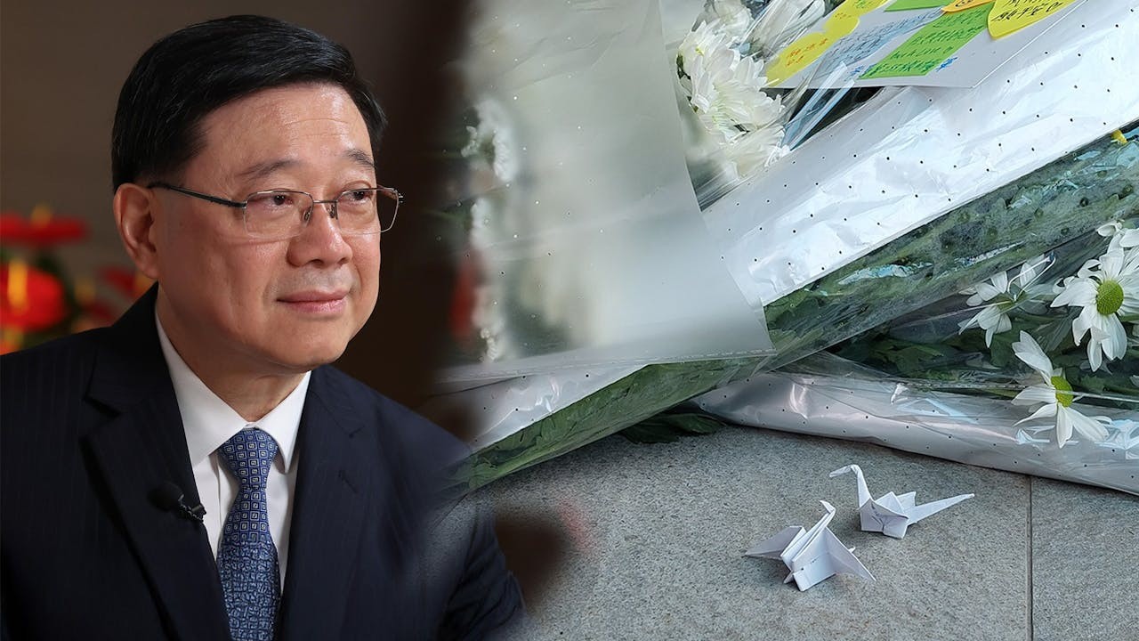 李家超指出火災慘劇必須從根源作出改革，他強調「不論涉及任何人都一問到底，追責到底。」（灼見名家製圖）