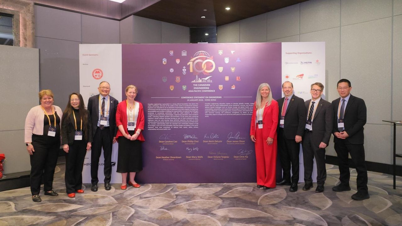 加拿大八間大學的工程學院院長首次聚首香港,參加加拿大工程教育百年慶典論壇。(左起:麥克馬斯特大學院長Heather Sheardown、渥太華大學院長Caroline Cao 、里賈納大學院長Phillip Choi、滑鐵盧大學院長Mary Wells、麥基爾大學院長Viviane Yargeau、皇后大學院長Kevin Deluzio、 英屬哥倫比亞大學院長James Olson 、多倫多大學院長Chris Yip)