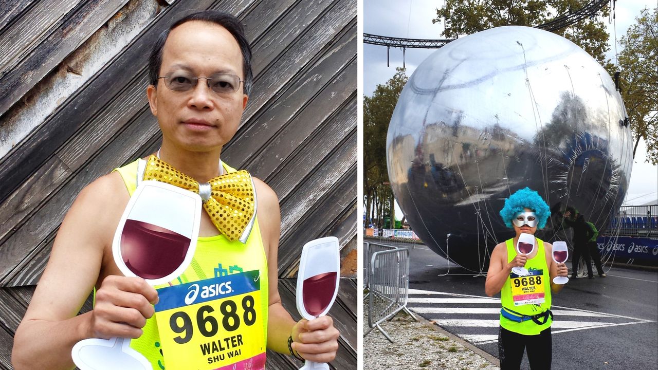 作者2015年參與法國波爾多梅鐸馬拉松（Medoc Marathon）時留影。（作者提供）