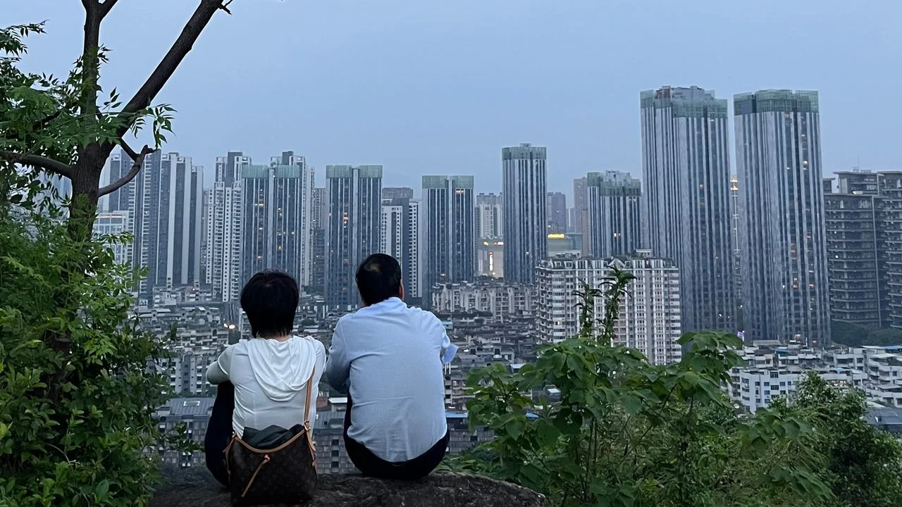 傍晚站在高處俯瞰,近處是青翠的樹木與山石,遠處則是一片拔地而起的樓群。
