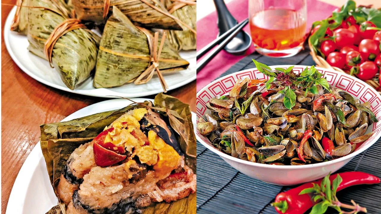 潮州糭（左）是潮州傳統的節慶食品，炒薄殼（右）盡顯薄殼美味。（作者圖片）
