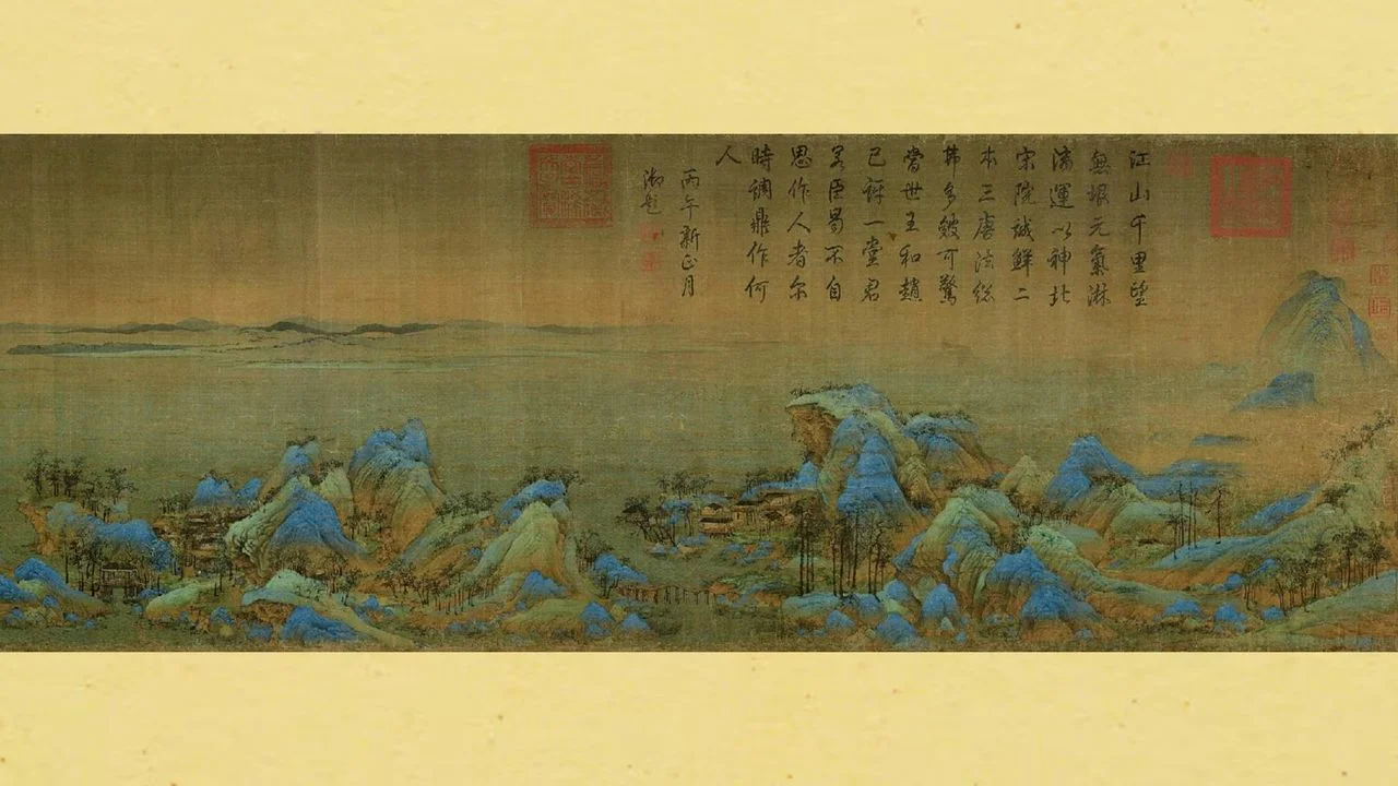 受宋徽宗親自指導的王希孟，僅埋首半年，於北宋政和年間，18歲的希孟即創作了此畫卷，奉獻給恩師宋徽宗，兩年後王於20歲早亡。