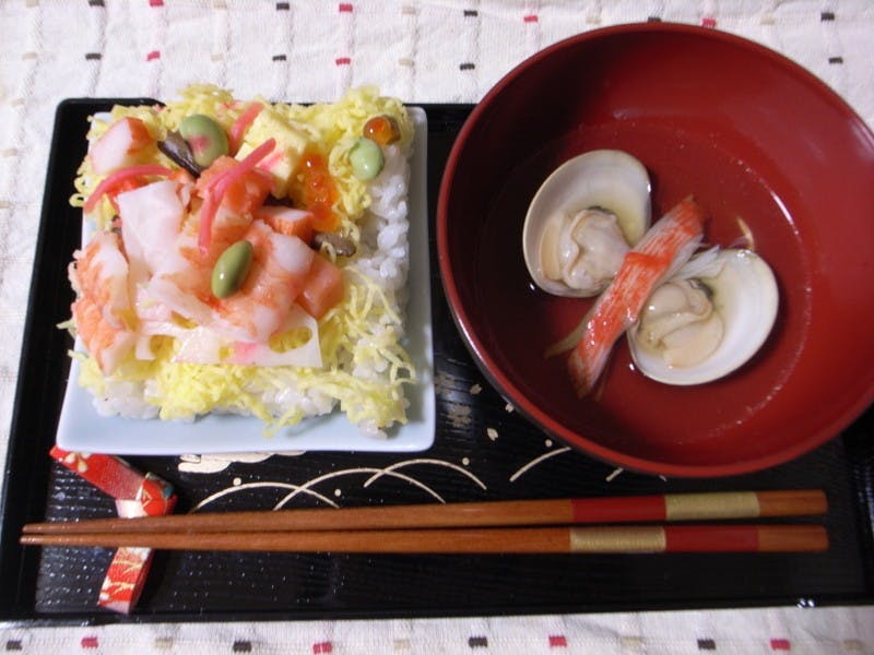 Chirashizushi and suimono by sakura chihaya on Hina matsuri.jpg