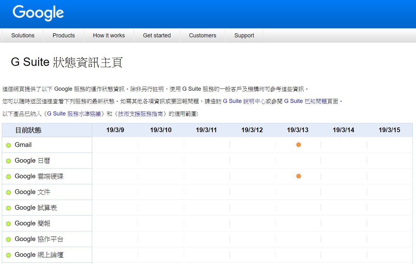 G Suite 狀態資訊主頁