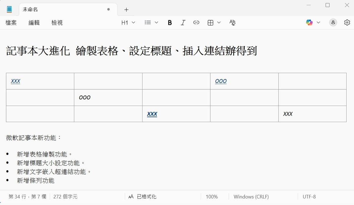 Windows 11記事本大更新能畫表格、設定標題、插入連結 輕度文書作業可以給它個機會