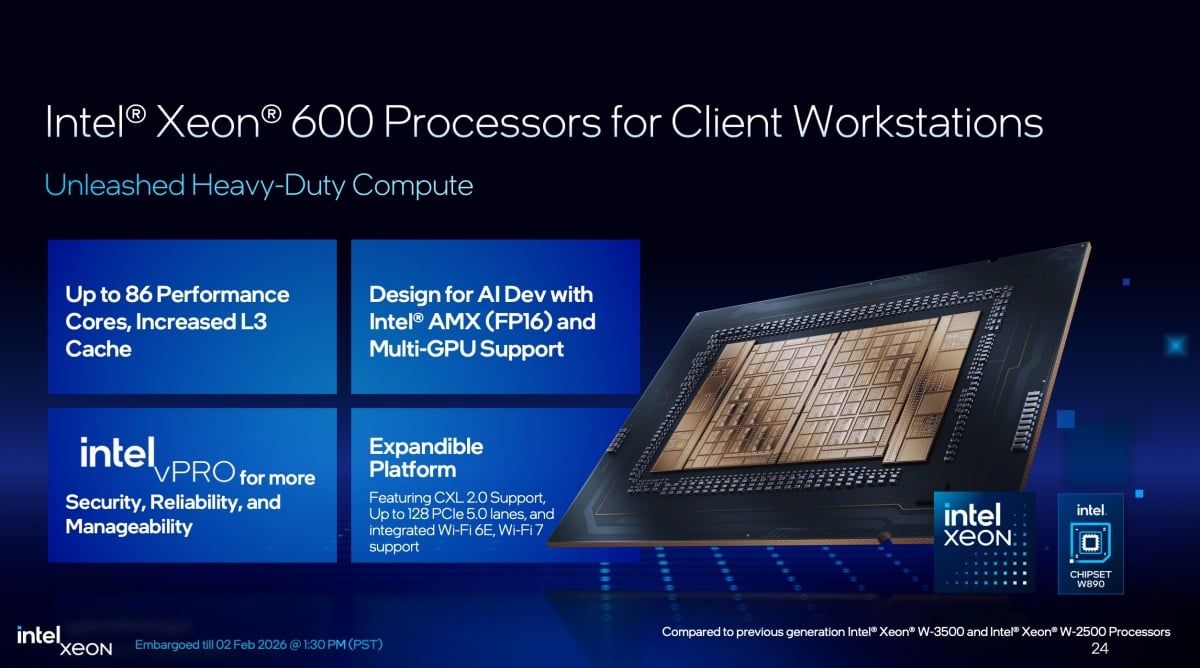 Intel 發表 Xeon 600 工作站處理器 強攻 AI 重度運算與專業創作