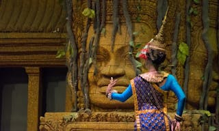 Back view of actress showing Khon dancing performance in Siem Reap, Cambodia. The UNESCO announced Khon, the Thai masked dance d