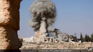An image distributed by Islamic State militants on social media purports to show the destruction of a Roman-era temple in the an