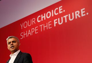 Sadiq Khan, Britain&#039;s opposition Labour Party&#039;s candidate for Mayor of London speaks at the Queen Elizabeth Centre in central Lo