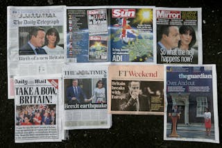 The front pages of Britain's newspapers report on the EU referendum result, London, Saturday, June 25, 2016. Britain voted to leave the European Union after a bitterly divisive referendum campaign. (AP Photo/Tim Ireland)