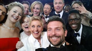 Ellen DeGeneres shows actors, front row from left, Jared Leto, Jennifer Lawrence, Meryl Streep, Ellen DeGeneres, Bradley Cooper,