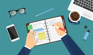 Businessman is writing down a note in the notebook or diary. Flat illustration of business man writing something on the paper. P