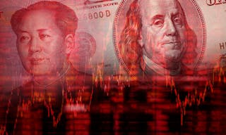 Downtrend stock diagram, Face of Mao Zedong on RMB (Yuan) 100 bill, With Face of Benjamin Franklin from one hundred dollars bill