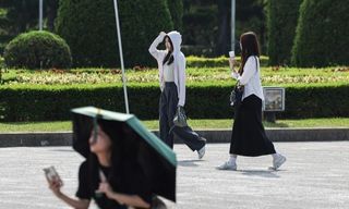 天氣炎熱　遊客撐傘遮陽（1）