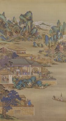 清《雍正十二月行樂圖之九月賞菊》，絹本設色，188.2x102.2厘米。（北京故宮博物院藏品）