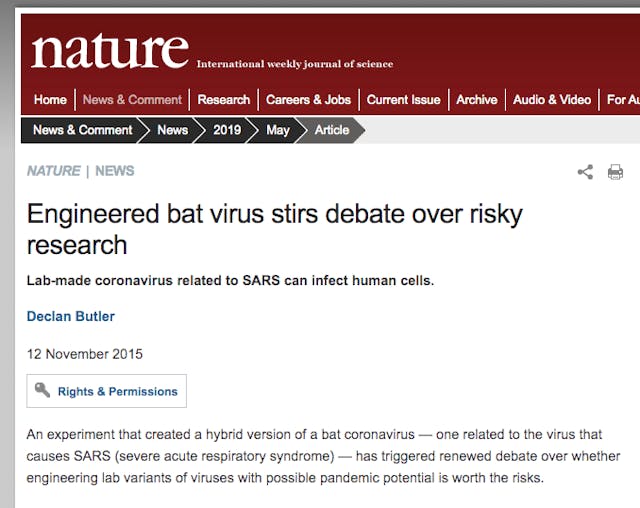 《自然醫學》對合成蝙蝠病毒提出警告。（Nature網站截圖）