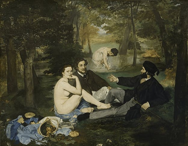 （圖7）《草地上的午餐》（Le D&eacute;jeuner sur l&#039;herbe (The Luncheon on the Grass) ），馬奈（Edouard Manet），1863。帆布油彩，高208 cm、闊264.5 cm。法國巴黎奧塞博物館。