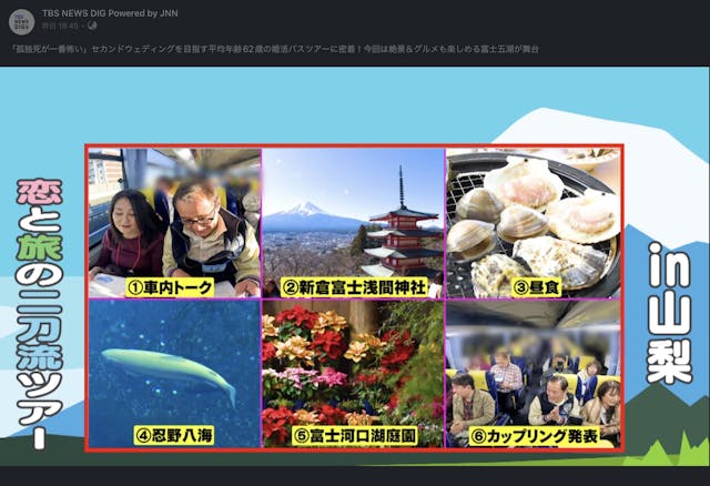 今次TBS節目採訪的「熟年婚活」巴士旅行團，就接待了30名平均年齡介乎62歲的單身男女到山梨縣作一日旅行，活動亦非常豐富。（作者提供圖片）