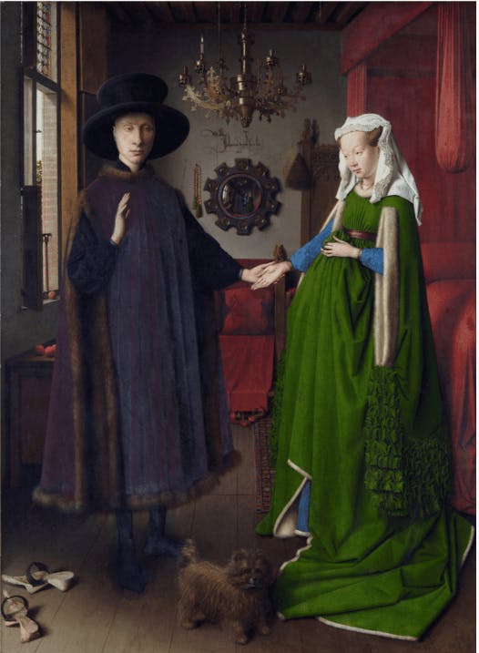 《阿諾芬尼夫婦像》（&lt;I&gt;The Amolfini Portrail&lt;/I&gt;），楊‧凡艾克（Jan van Eyck）於1434年完成，現藏倫敦英國國家美術館。