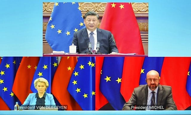 中國國家主席習近平4 月 1 日與歐洲理事會主席Charles Michel、和歐盟委員會主席Ursula von der Leyen進行虛擬會議，歐盟希望中國保證不會幫助俄羅斯規避因入侵烏克蘭而實施的經濟制裁。（亞新社）