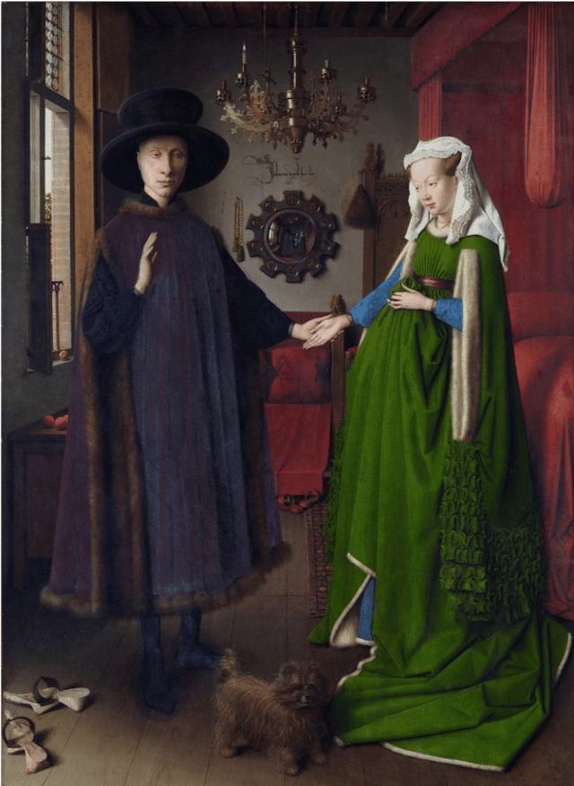 《阿諾芬尼夫婦像》（&lt;I&gt;The Amolfini Portrail&lt;/I&gt;），楊‧凡艾克（Jan van Eyck）於1434年完成，現藏倫敦英國國家美術館。（作者提供）