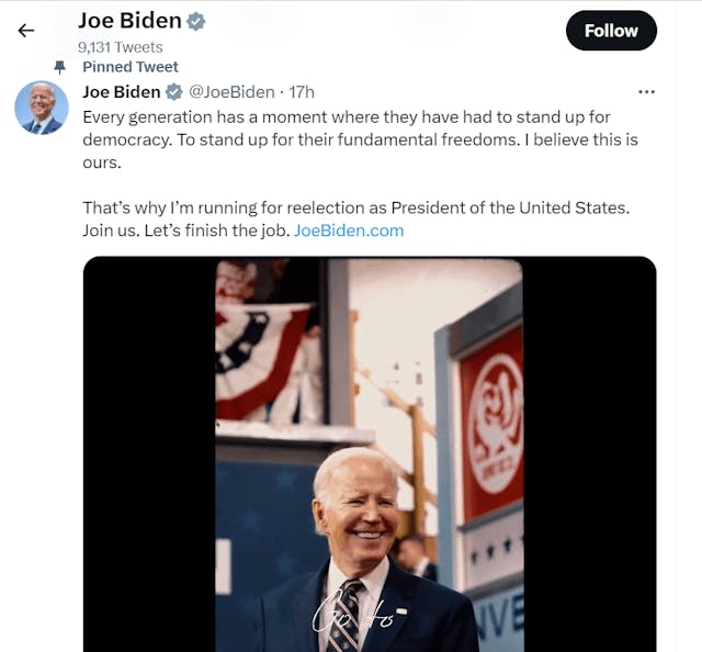 拜登自詡「為民主挺身而出」，呼籲美國選民支持他再選總統。( Joe Biden Twitter )