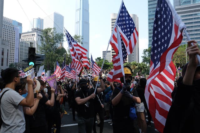 9月8日，有人促請美國政府通過《香港人權及民主法案》。（亞新社）