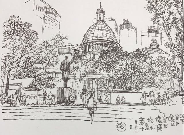 《前最高法院（立法會大樓）/皇后像廣場》，21 x30cm，素描紙本，1997年，歐陽乃沾