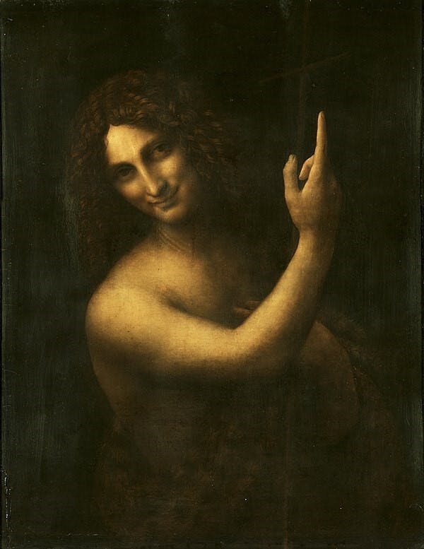 圖2：《施洗若翰》（St John the Baptist），達文西，1513-1516。木板油彩，高69 cm 闊57cm 法國巴黎羅浮宮博物館。