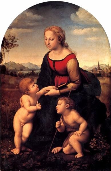 圖3：《施洗若翰與聖母子》（The Virgin &amp; Child with St John the Baptist），拉斐爾，1507。木板油彩， 高122 cm 闊80 cm 法國巴黎羅浮宮博物館。