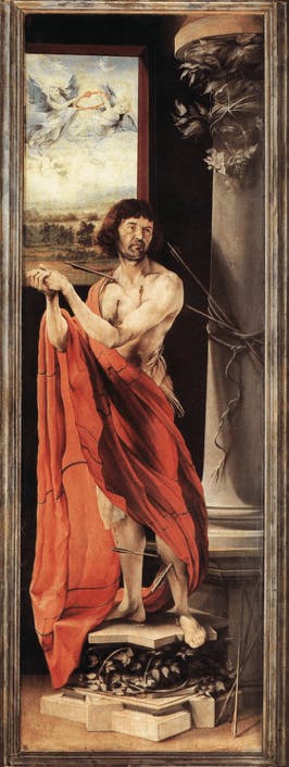 （圖8）伊森海姆祭壇畫（第一層）左側畫，聖西巴斯善 (Saint Sebastian)。