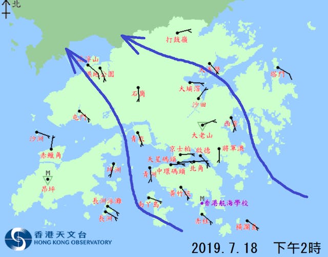 圖2：2019年7月18日下午2時風向&nbsp;（底圖來源：香港天文台）