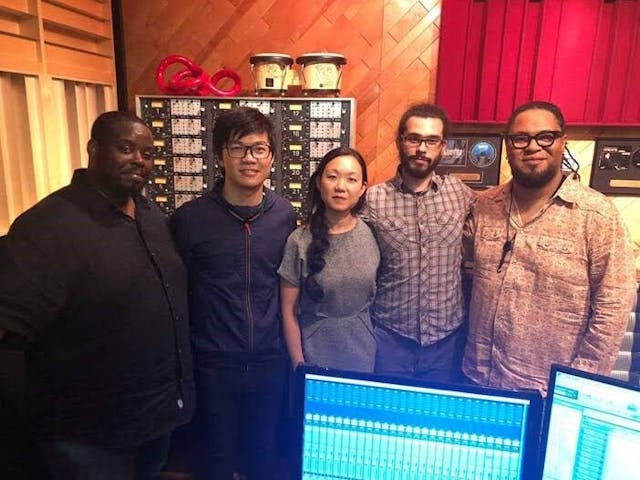 關家傑在紐約錄音專輯，左起：Johnathan Blake, Linda May Oh, Fabian Almazan, Dayna Stephens。