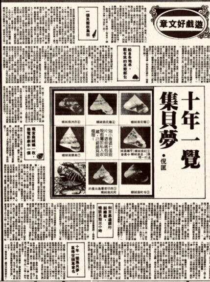 倪匡1981年在台灣《中國時報》撰文憶述搜集貝殼的瘋狂日子。