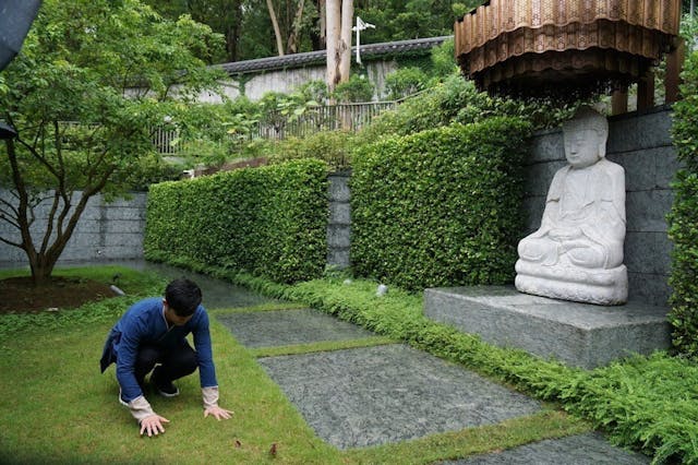 圖右明代佛像的特點是頭部雕得較大，頭頂上有「華蓋」。山林療癒陪伴員正示範撫摸草地。