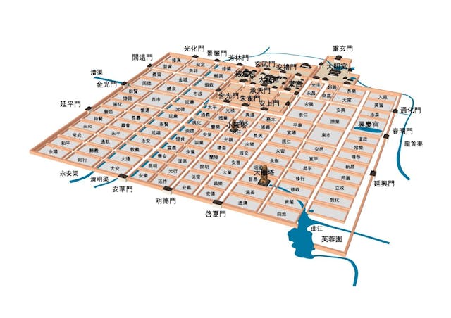 隋唐長安城的方正布局，予人莊重、克制、不容侵犯之感，正好用於皇權的表述。