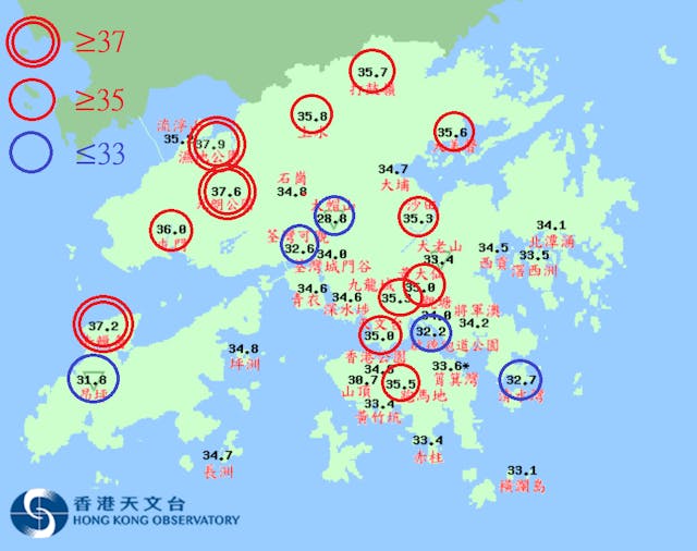 圖1：2019年7月18日氣象站最高氣溫&nbsp;（底圖來源：香港天文台）