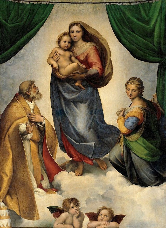 《西斯汀聖母》（The Sistine Madonna）， 1513-14,  高265 cm 闊 196 cm,  帆布油彩 德國德累斯頓茨溫格博物館古代藝術大師館 Gem&auml;ldegalerie Alte Meister, Dresden。（Wikimedia Commons）