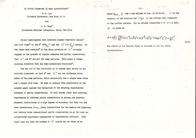 1956年楊振寧與李政道發表關於宇稱不守恆理論的文章。（中文大學圖片）