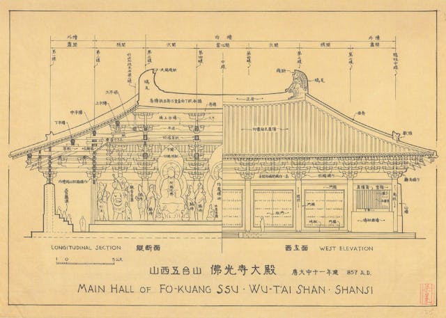 梁思成繪製的山西五台山佛光寺大殿縱斷面/西立面圖。（作者提供圖片）