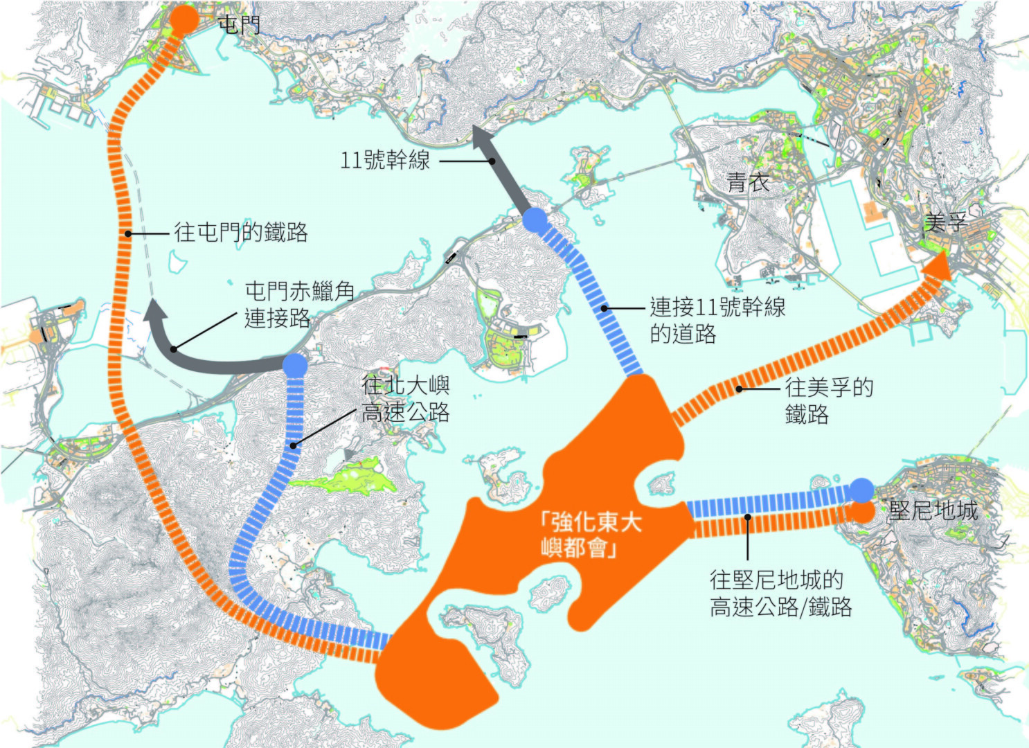 「強化東大嶼都會」的新道路和鐵路連接建議。