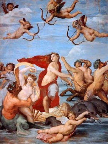 （圖3）《加拉泰亞的凱旋》（Triumph of Galatea），拉斐爾，1511-14。濕壁畫，高295 cm、闊225 cm。意大利羅馬法列及那宮。